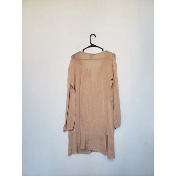 Relais Women XL Sweater Tan Linen Cotton Lightweight Long Button Neck Semi Sheer - Picture 2 of 6